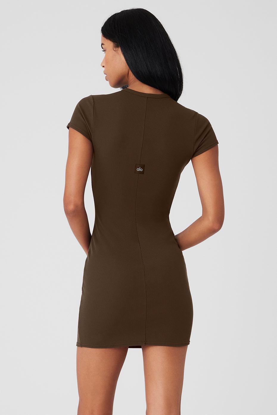 Goddess Ribbed Short Sleeve Dress - Espresso Product Image