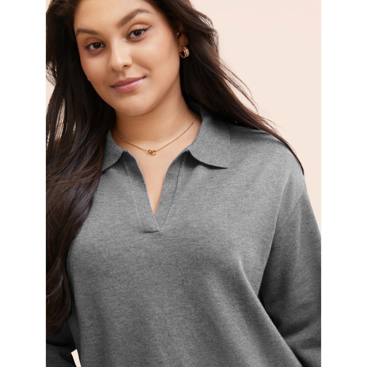 Plus Size Polo Neck Drop Shoulder Sleeve Soft Pullover DarkGray Women Casual Long Sleeve Polo Everyday Pullovers BloomChic 10/M Product Image