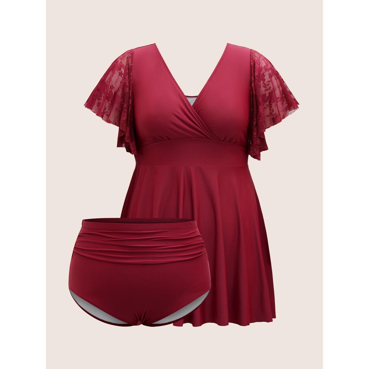 Plus Size Solid Overlap Collar Lace Patchwork Gathered Swim Dress Women's Swimwear Deepred Beach Bodycon Overlap Collar High stretch Curve Swim Dresses BloomChic 22-24/3X Product Image