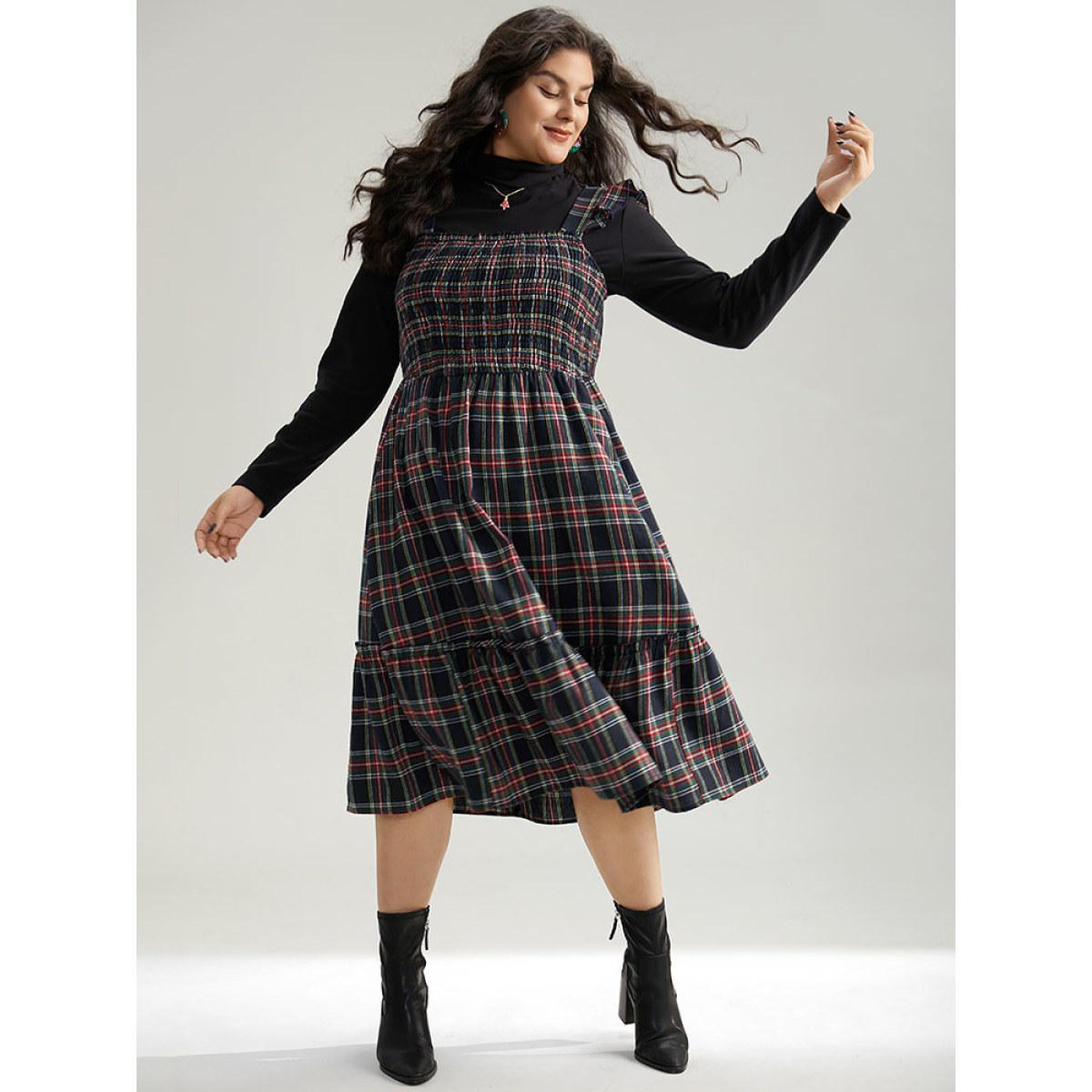 Plus Size Plaid Ruffle Trim Shirred Spaghetti Strap Dress Indigo Women Casual Printed Spaghetti Strap Sleeveless Curvy Midi Dress BloomChic 10/M Product Image