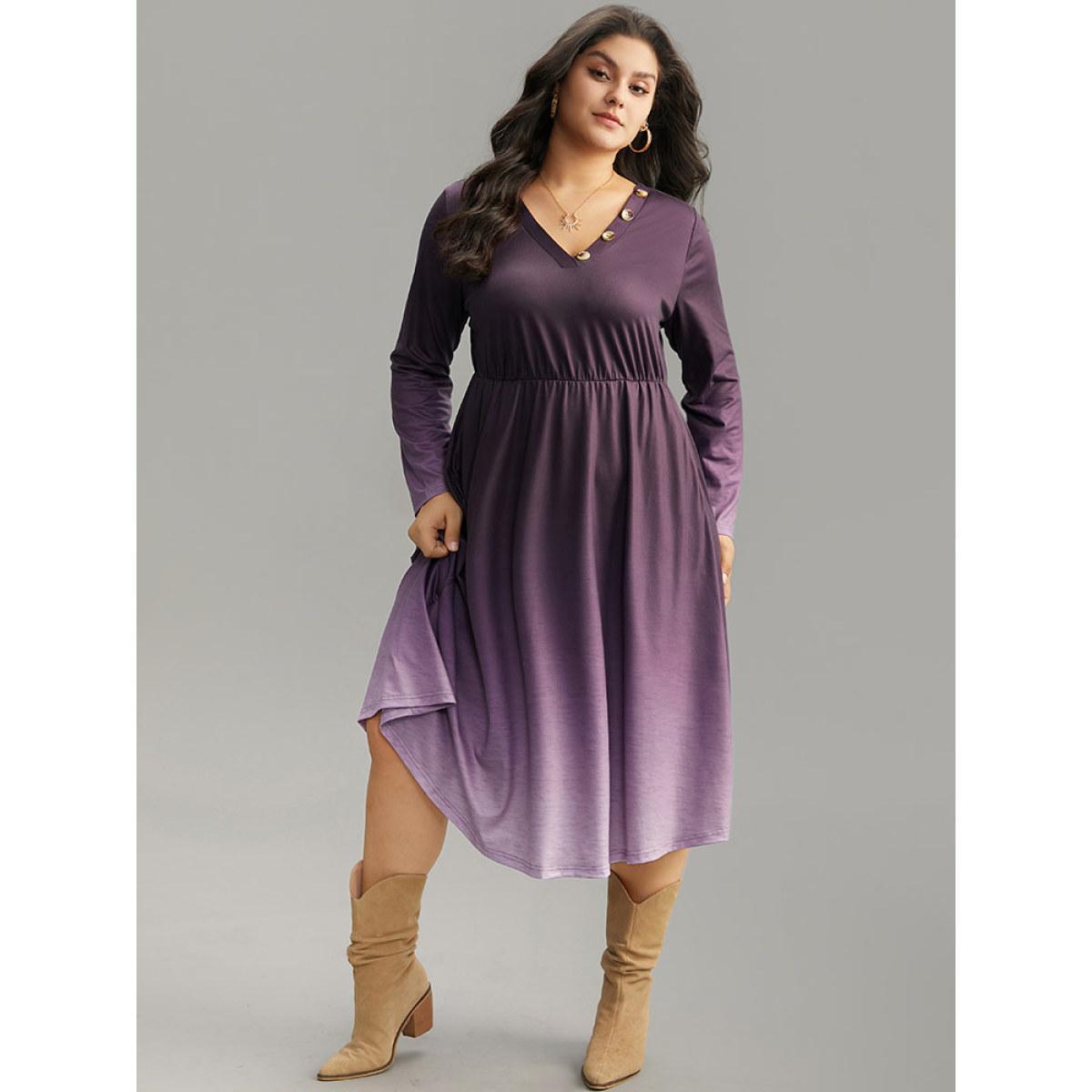 Plus Size Tie Dye Button Detail Pocket Elastic Waist Dress Purple Women Casual Tie Dye V-neck Long Sleeve Curvy Midi Dress BloomChic 14-16/1X Product Image