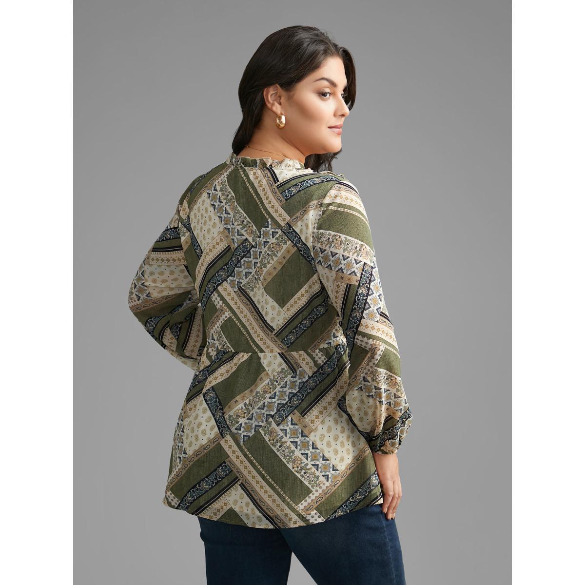 Plus Size Beige Bandana Print V Neck Ruffle Trim Blouse Women Elegant Long Sleeve V-neck Everyday Blouses BloomChic 10/M Product Image