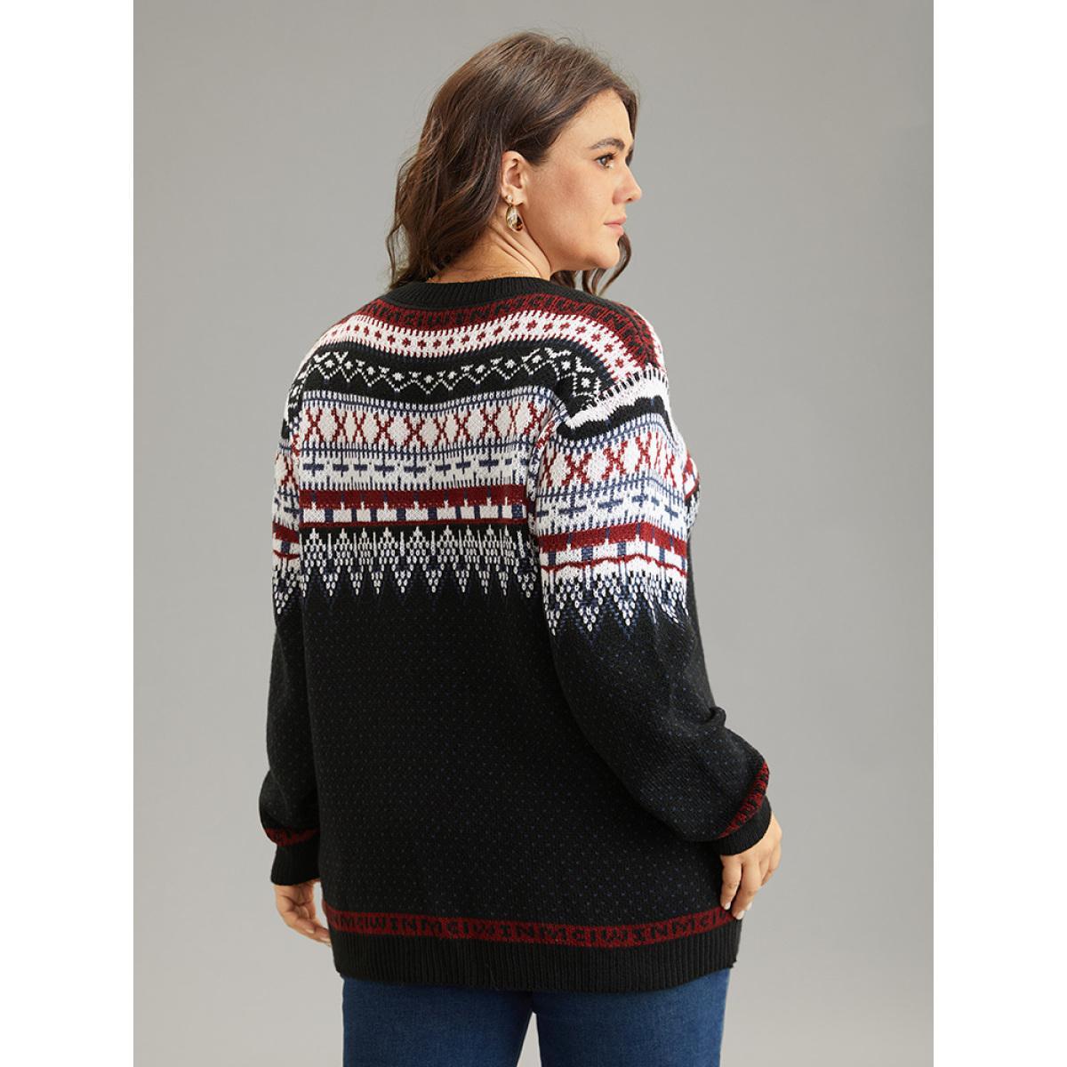 Plus Size Bandana Print Loose Elastic Cuffs Pullover Black Women Casual Loose Long Sleeve Round Neck Dailywear Pullovers BloomChic 10/M Product Image