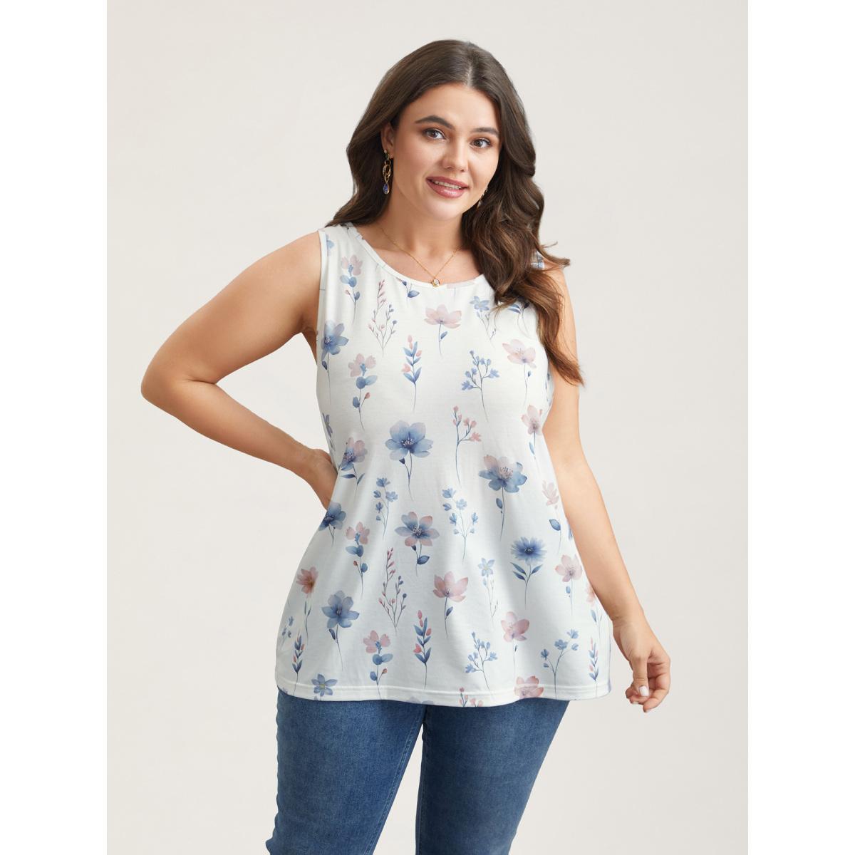 Plus Size Stretchy Floral Print Fitted Vest Women WhiteSmoke Elegant Non Round Neck Everyday Tank Tops Camis BloomChic 30/6X Product Image