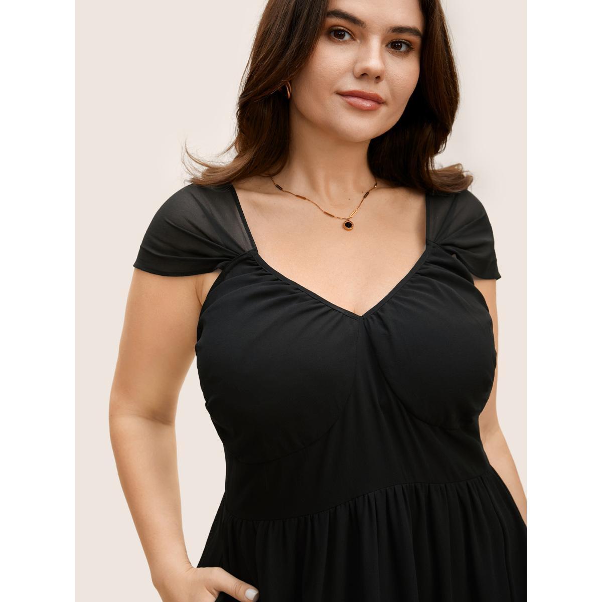 Plus Size Heart Neckline Mesh Cap Sleeve Gathered Dress Black Women Elegant Gathered Heart neckline Cap Sleeve Curvy BloomChic 22-24/3X Product Image