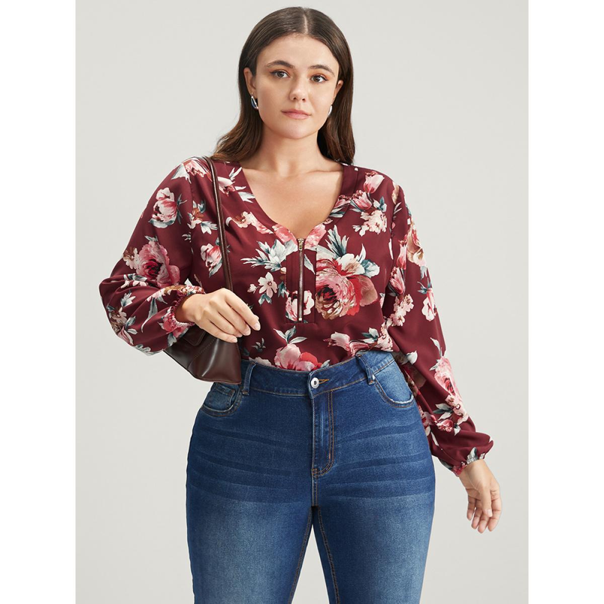Plus Size Burgundy Floral Lantern Sleeve Zipper V Neck Blouse Women Elegant Long Sleeve V-neck Dailywear Blouses BloomChic 26/4X Product Image
