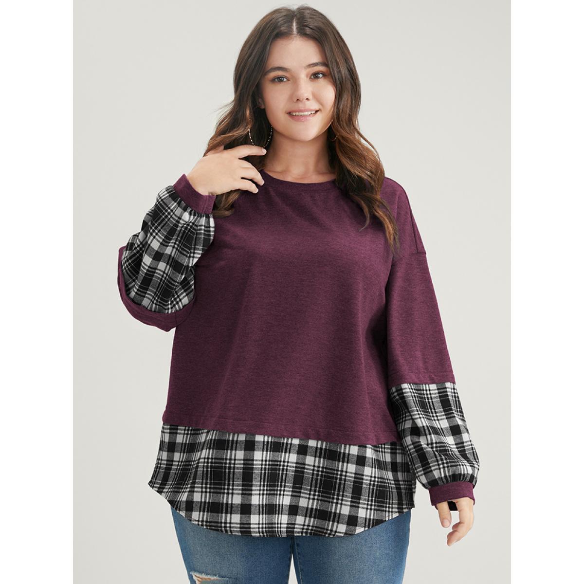 Plus Size Plaid Patchwork Round Neck Arc Hem Sweatshirt Women Burgundy Casual Contrast Round Neck Dailywear Sweatshirts BloomChic 28/5X Product Image
