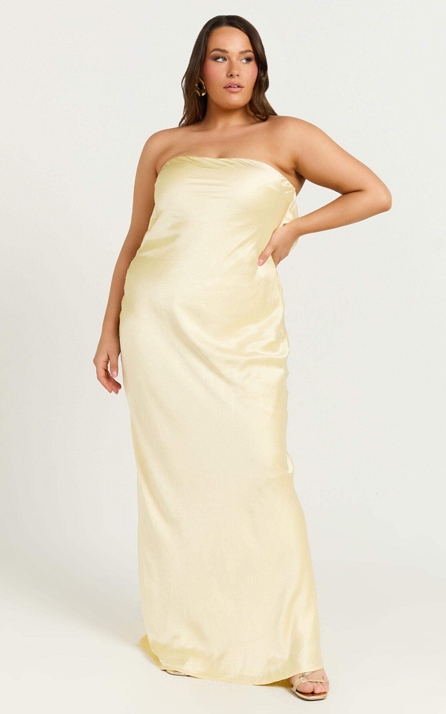 Charlita Maxi Dress - Strapless Cowl Back Satin Dress in Butter Yellow Product Image