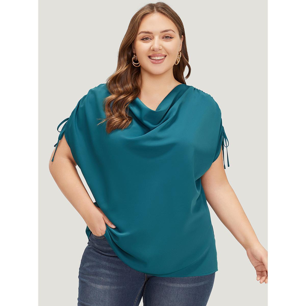 Plus Size Aegean Solid Cowl Neck Drawstring Sleeve Blouse Women Office Short sleeve Cowl Neck Work Blouses BloomChic 28/5X Product Image