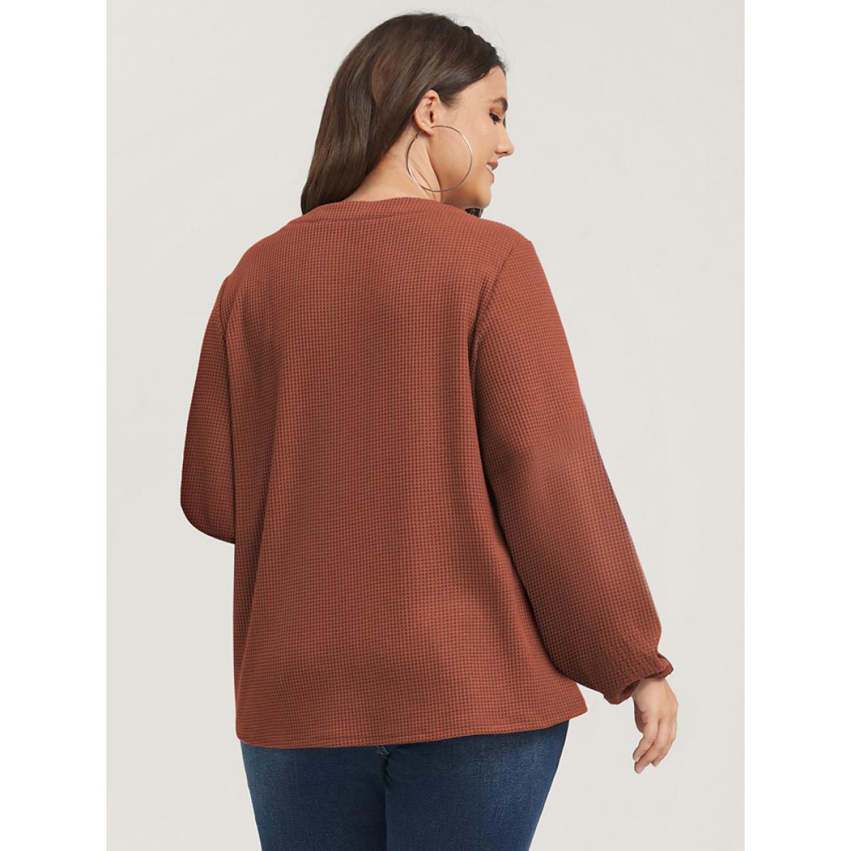 Plus Size Solid Lantern Sleeve Button V Neck Waffle Knit Long Tee Chocolate Women Casual Button Plain V-neck Dailywear T-shirts BloomChic 18-20/2X Product Image