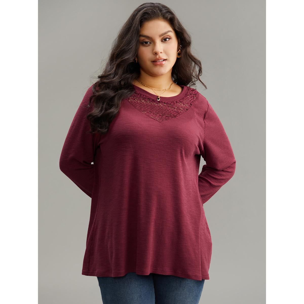 Plus Size Solid Lace Insert Crew Neck Cut Out T-shirt Burgundy Women Elegant Patchwork Plain Round Neck Dailywear T-shirts BloomChic 12/L Product Image