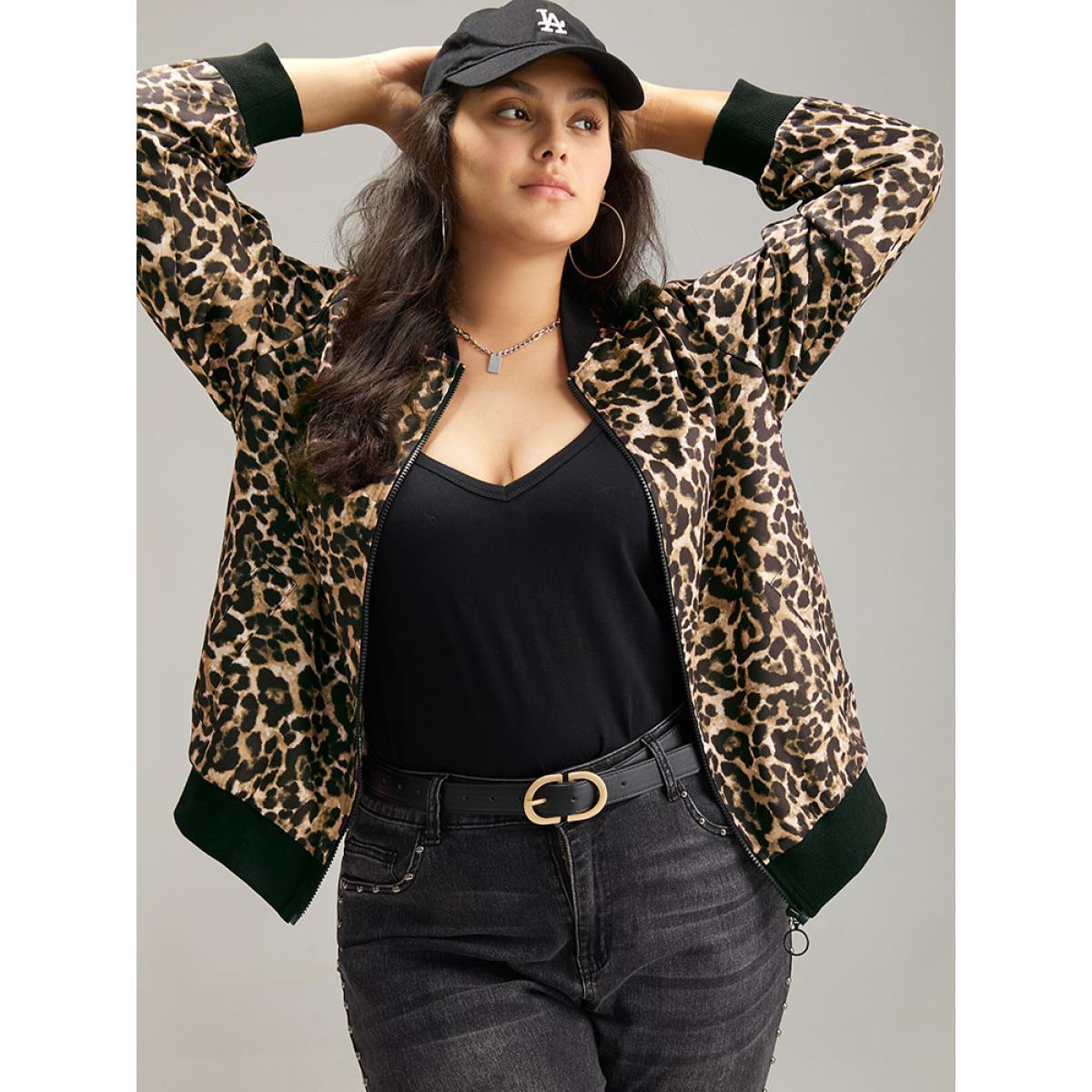 Plus Size Leopard Patchwork Zipper Pocket Jacket Women Leopard Elastic cuffs Pocket Dailywear Jackets BloomChic 30/6X Product Image