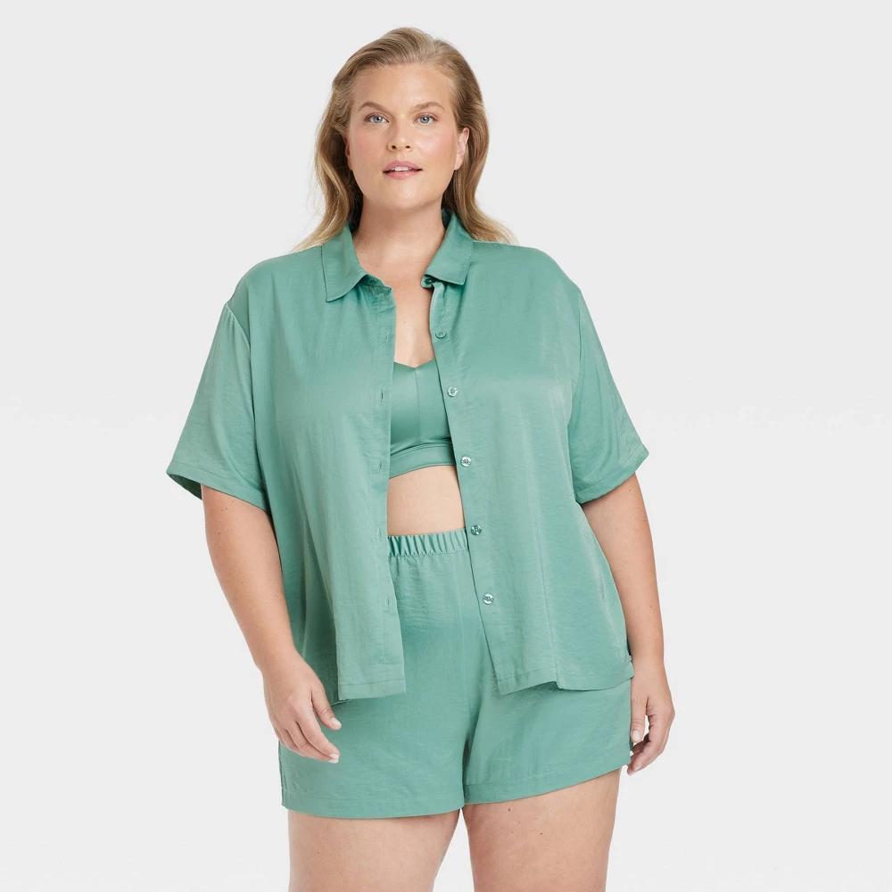 Women's Satin Short Sleeve Notch Collar Top and Shorts Pajama Set - Auden™ Product Image