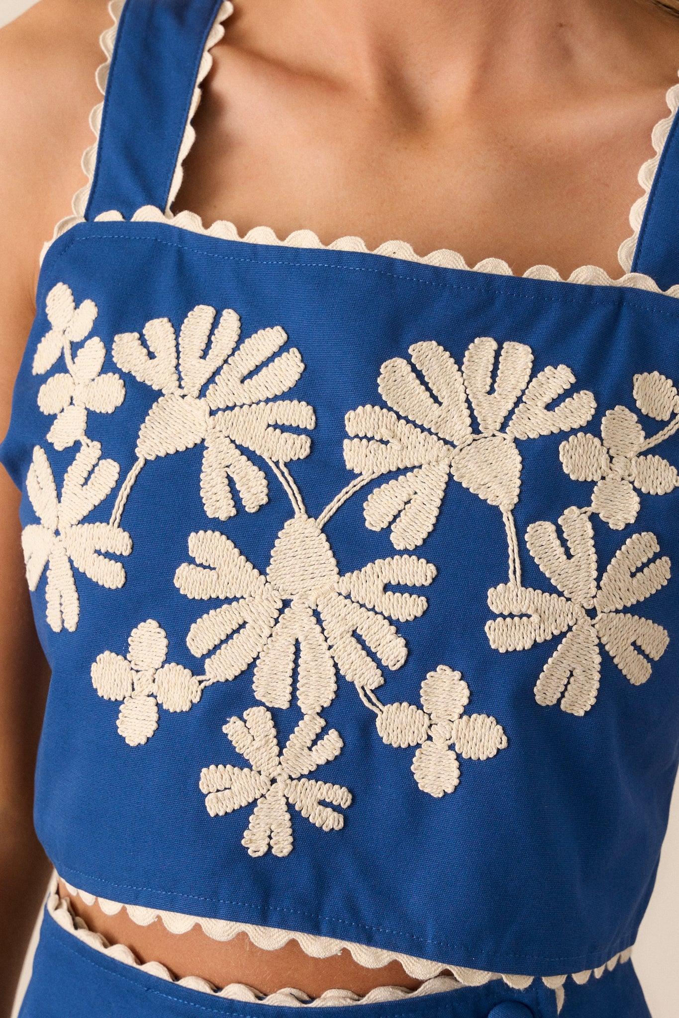 Take Me There Blue Embroidered Floral Cropped Top Product Image