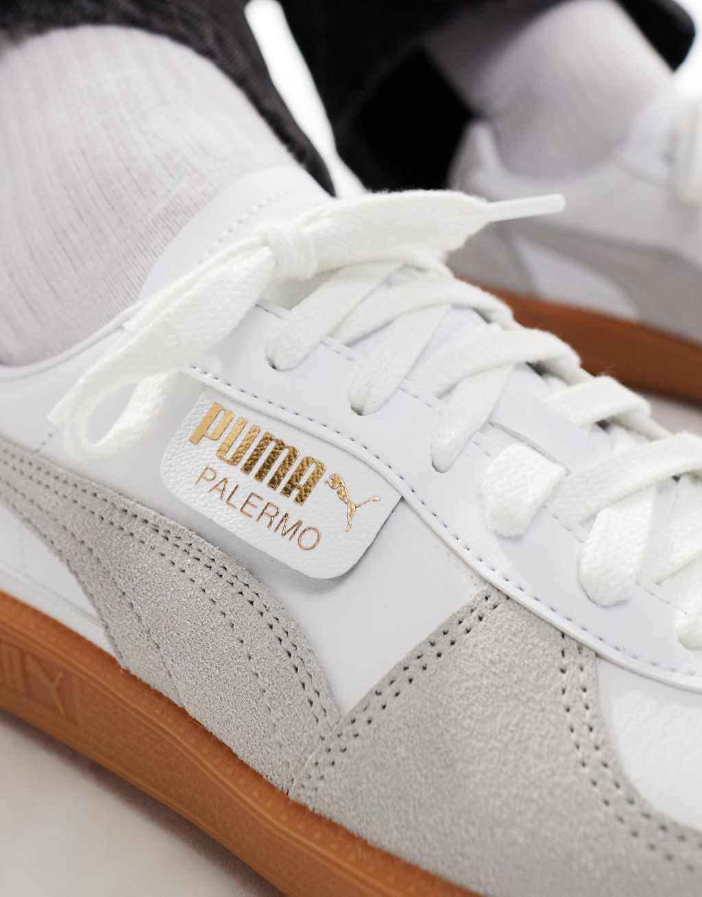 PUMA Palermo Leather sneakers with gum sole in white and gray Product Image