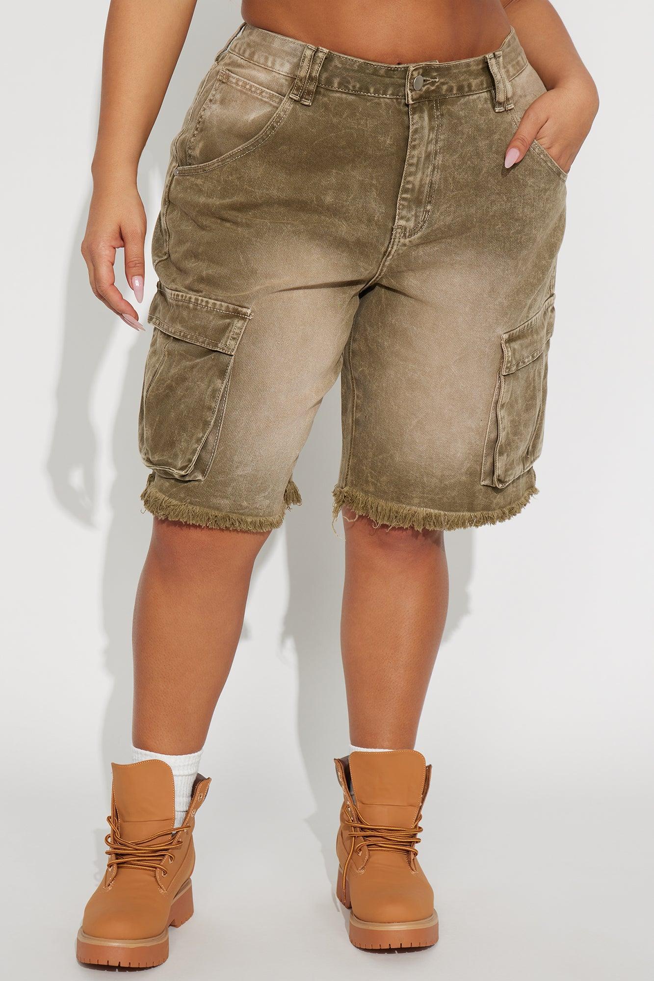Live And Learn Cargo Denim Jorts - Olive Product Image