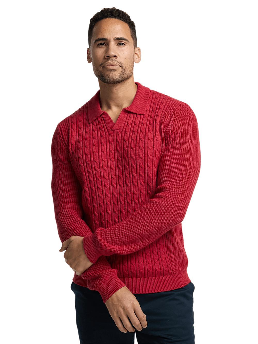 Cotton Cable V-neck Polo - Red Product Image