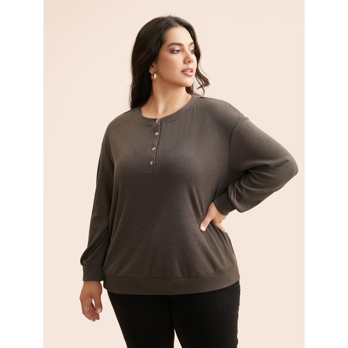 Plus Size Airy Cozy Drop Shoulder T-shirt DarkBrown Women Casual Texture Round Neck Everyday T-shirts BloomChic 26/4X Product Image