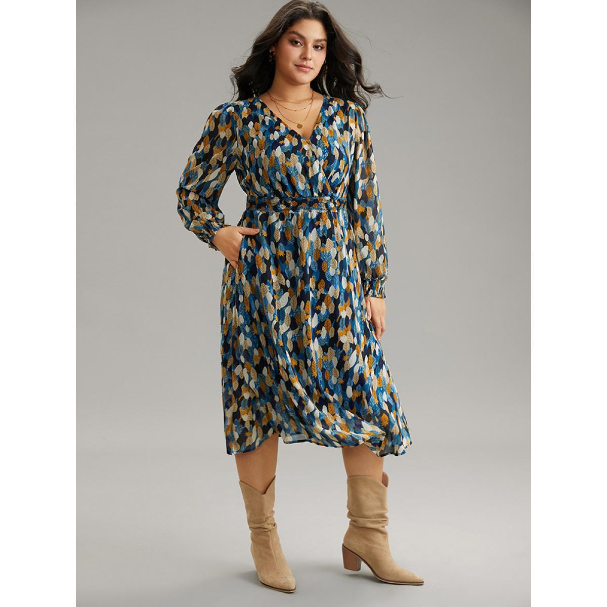 Plus Size Overlap Collar Feather Shirred Pocket Dress DarkBlue Women Elegant Wrap Overlap Collar Long Sleeve Curvy Midi Dress BloomChic 18-20/2X Product Image