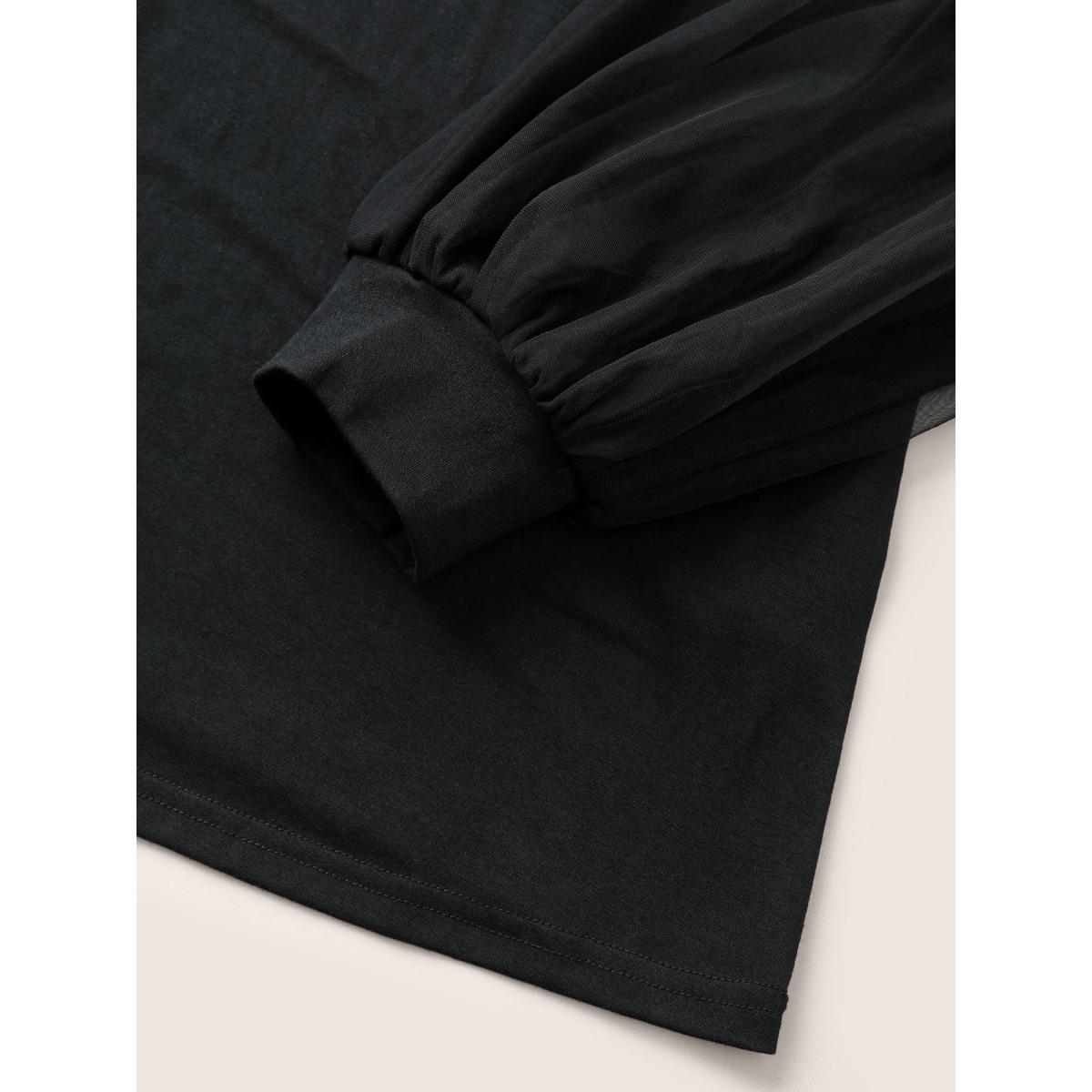 Plus Size Plain Tiered Mesh Patchwork T-shirt Black Women Elegant Non Plain V-neck Everyday T-shirts BloomChic 26/4X Product Image