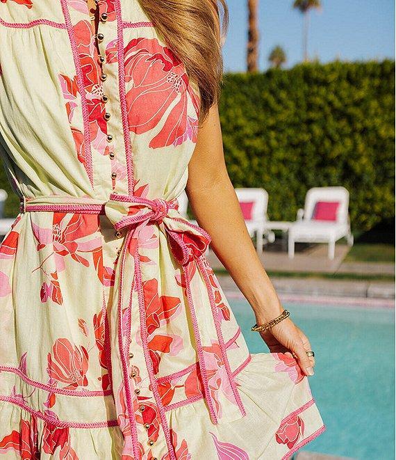 J.Marie Alara Floral Print Mock Neck Sleeveless Button Front Belted A-Line Dress Product Image