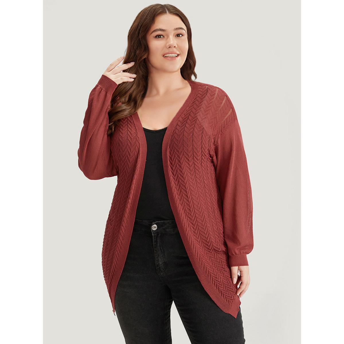 Plus Size Geometric Plisse Patchwork Loose Open Front Cardigan Russet Women Casual Loose Long Sleeve Everyday Cardigans BloomChic 10/M Product Image