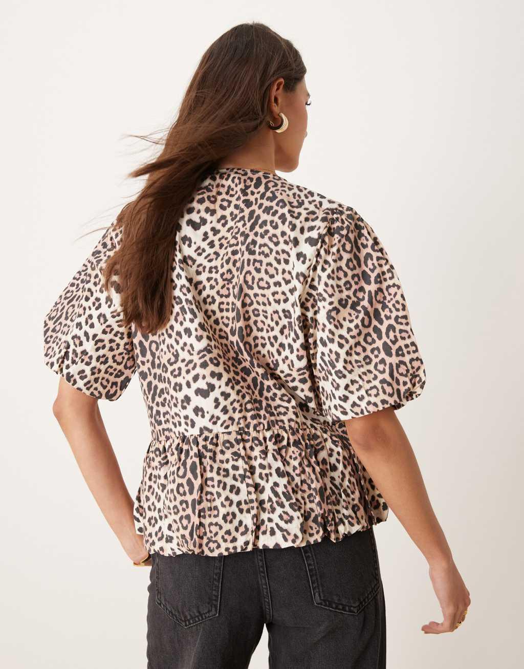 ASOS DESIGN cotton puff sleeve peplum top in leopard print Product Image