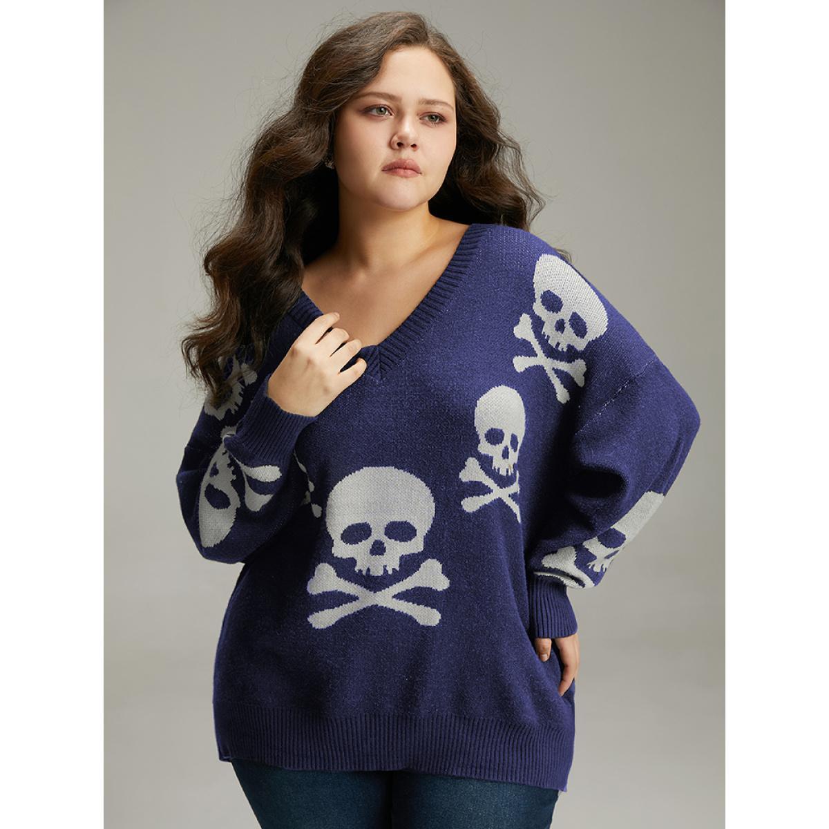 Plus Size Supersoft Essentials Halloween Skull Print V Neck Pullover Indigo Women Casual Long Sleeve V-neck Festival-Halloween Pullovers BloomChic 14-16/1X Product Image