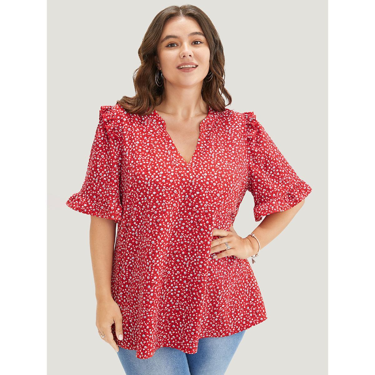 Plus Size Raspberry Ditsy Floral Frill Trim Ruffle Sleeve Notched Neck Blouse Women Elegant Short sleeve V-neck Dailywear Blouses BloomChic 28/5X Product Image