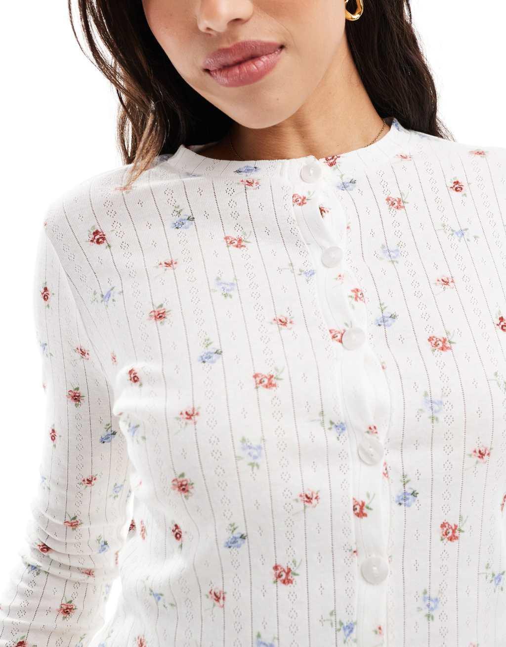 Kaiia mix and match cropped button through pointelle pajama top in cream ditsy Product Image