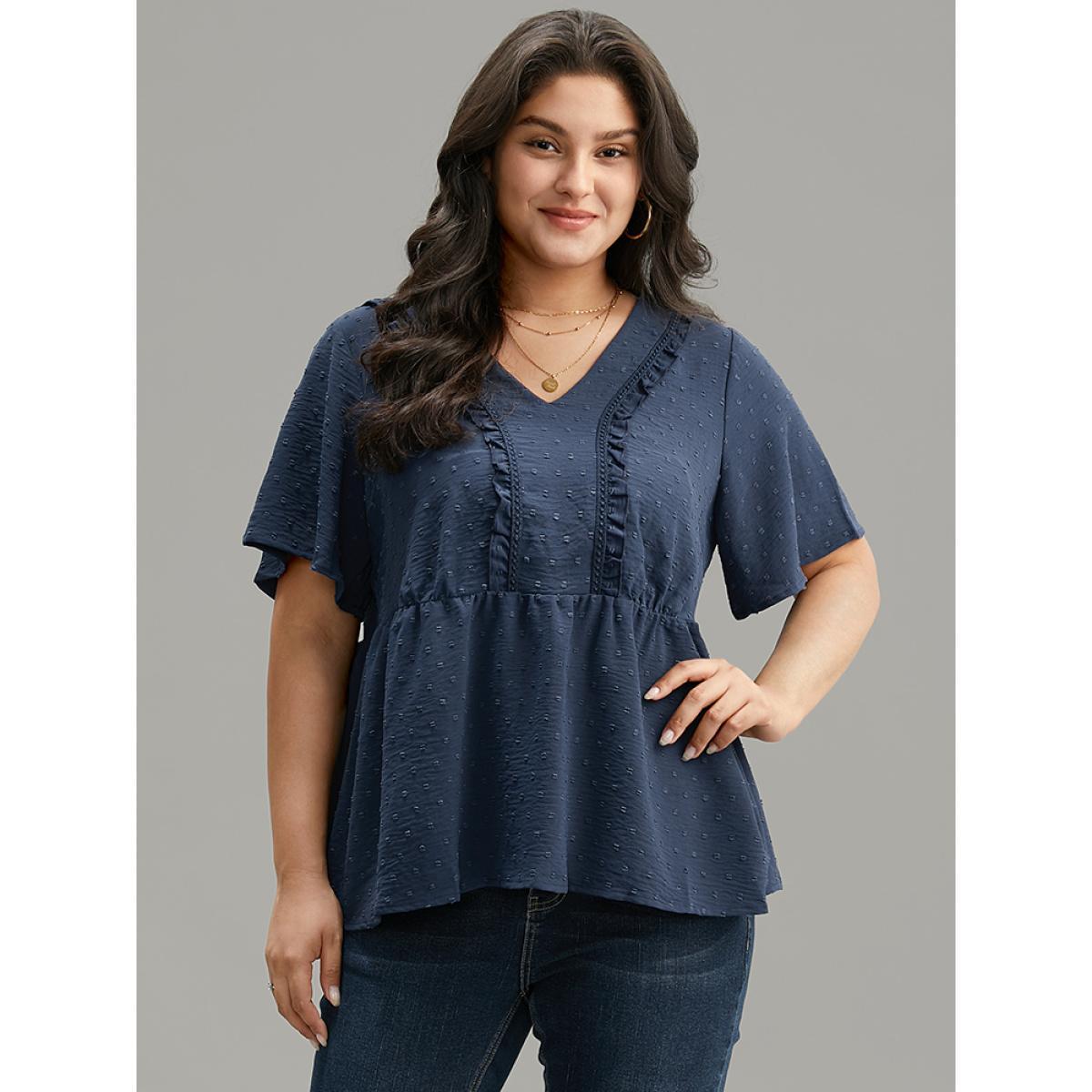 Plus Size Indigo Plain Texture V Neck Lace Patchwork Frill Trim Blouse Women Elegant Short sleeve V-neck Dailywear Blouses BloomChic 30/6X Product Image