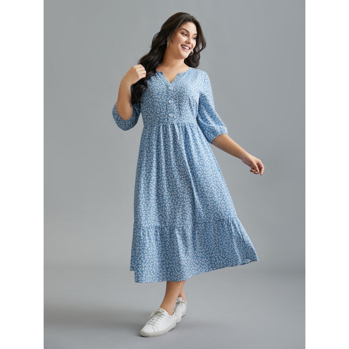 Plus Size Notched Ditsy Floral Button Midi Dress Mediumblue Women Casual Button Notched collar Elbow-length sleeve Curvy BloomChic 10/M Product Image