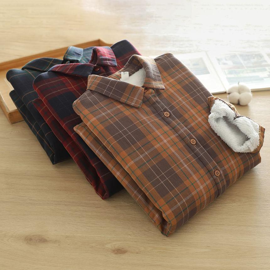 Long Sleeve Lapel Collar Plaid Button Shirt Product Image