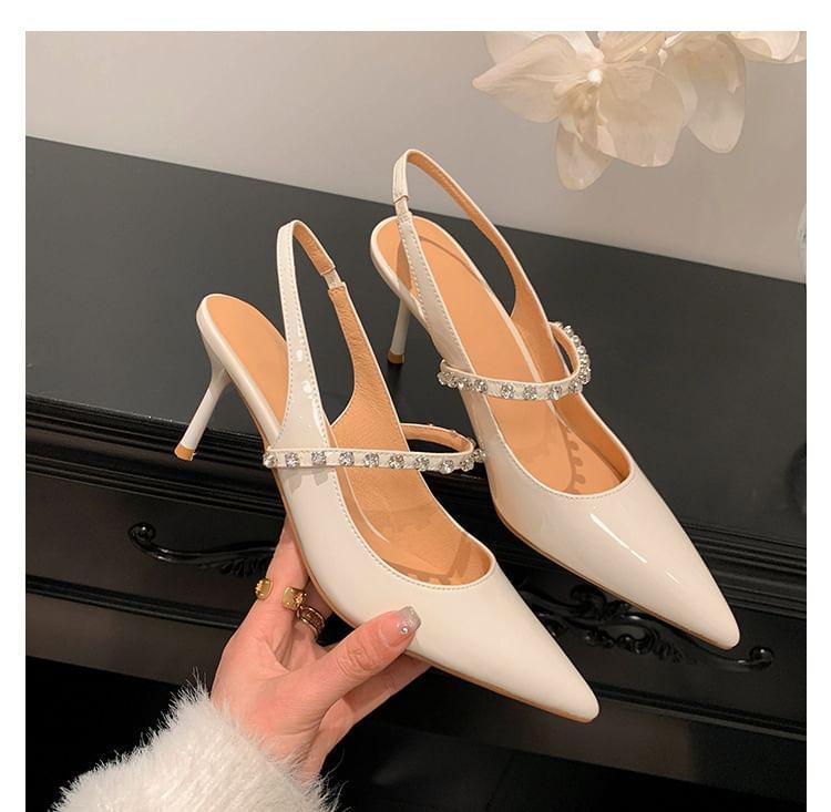 Stiletto Pointed Toe Rhinestone Accent Patent Leather Slingback Sandals Product Image