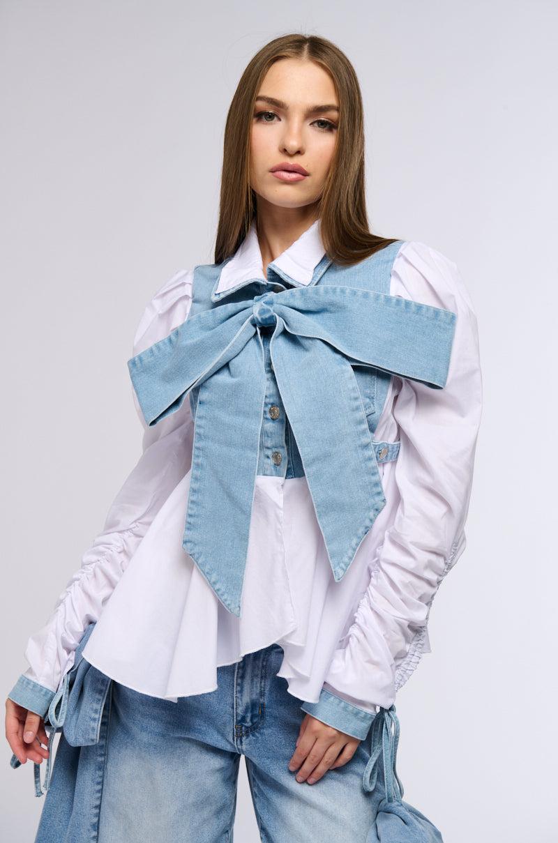 FAITH DENIM TIE POPLIN BLOUSE Product Image