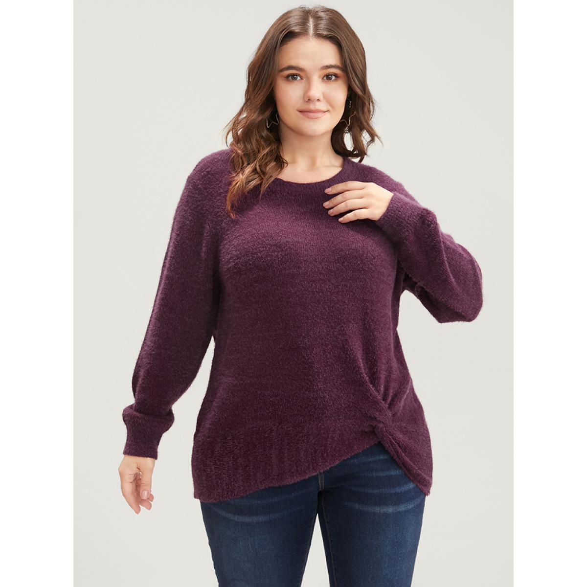 Plus Size Solid Soft Sexy Yarn Knit Twist Front Fluffy Knit Top Burgundy Women Elegant Loose Long Sleeve Round Neck Dailywear Pullovers BloomChic 12/L Product Image