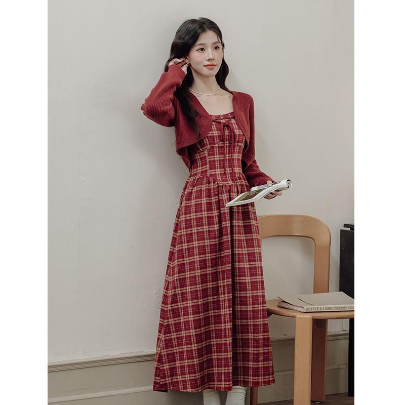 Set: Spaghetti Strap Plaid Bow Midi A-Line Dress + Plain Crop Tie Front Cardigan Product Image