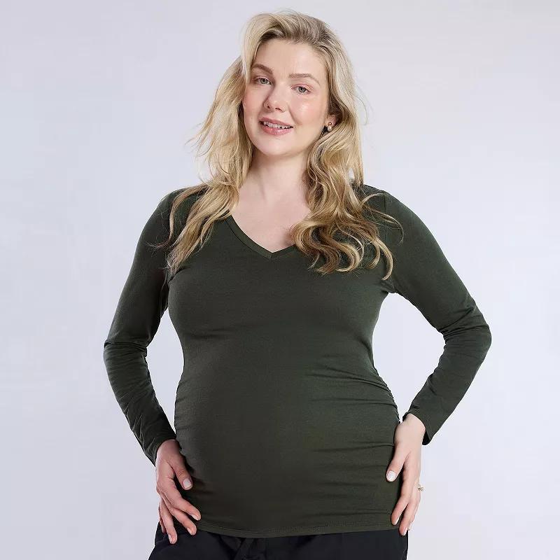 Maternity Motherhood® V-Neck Side Ruched Long Sleeve Tee, Women's, Size: Medium-Mat, White Product Image