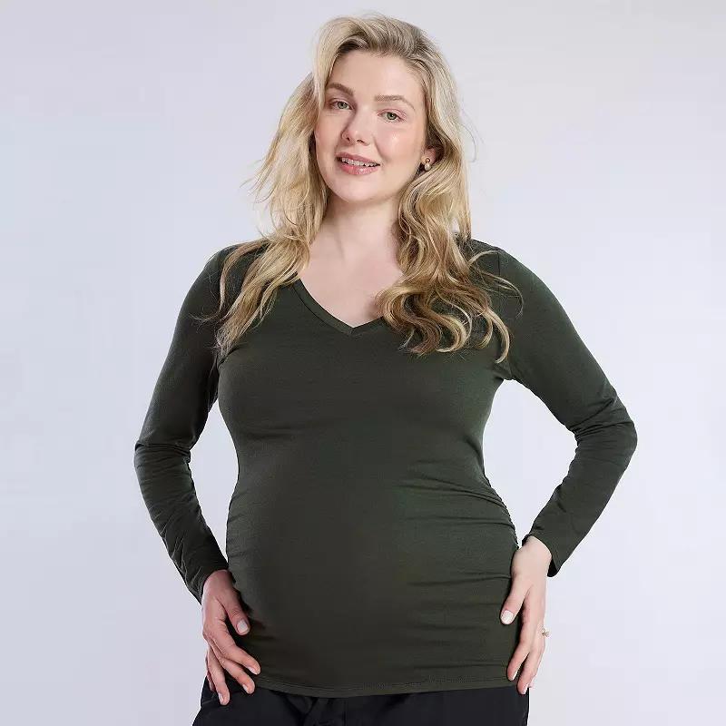 Maternity Motherhood® V-Neck Side Ruched Long Sleeve Tee, Women's, Size: Medium-Mat, White Product Image
