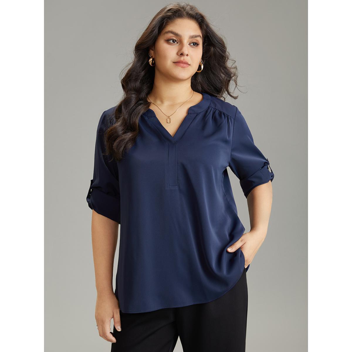 Plus Size Indigo Static-Free Solid Gathered Tab Sleeve Blouse Women Office Long Sleeve V-neck Work Blouses BloomChic 22-24/3X Product Image