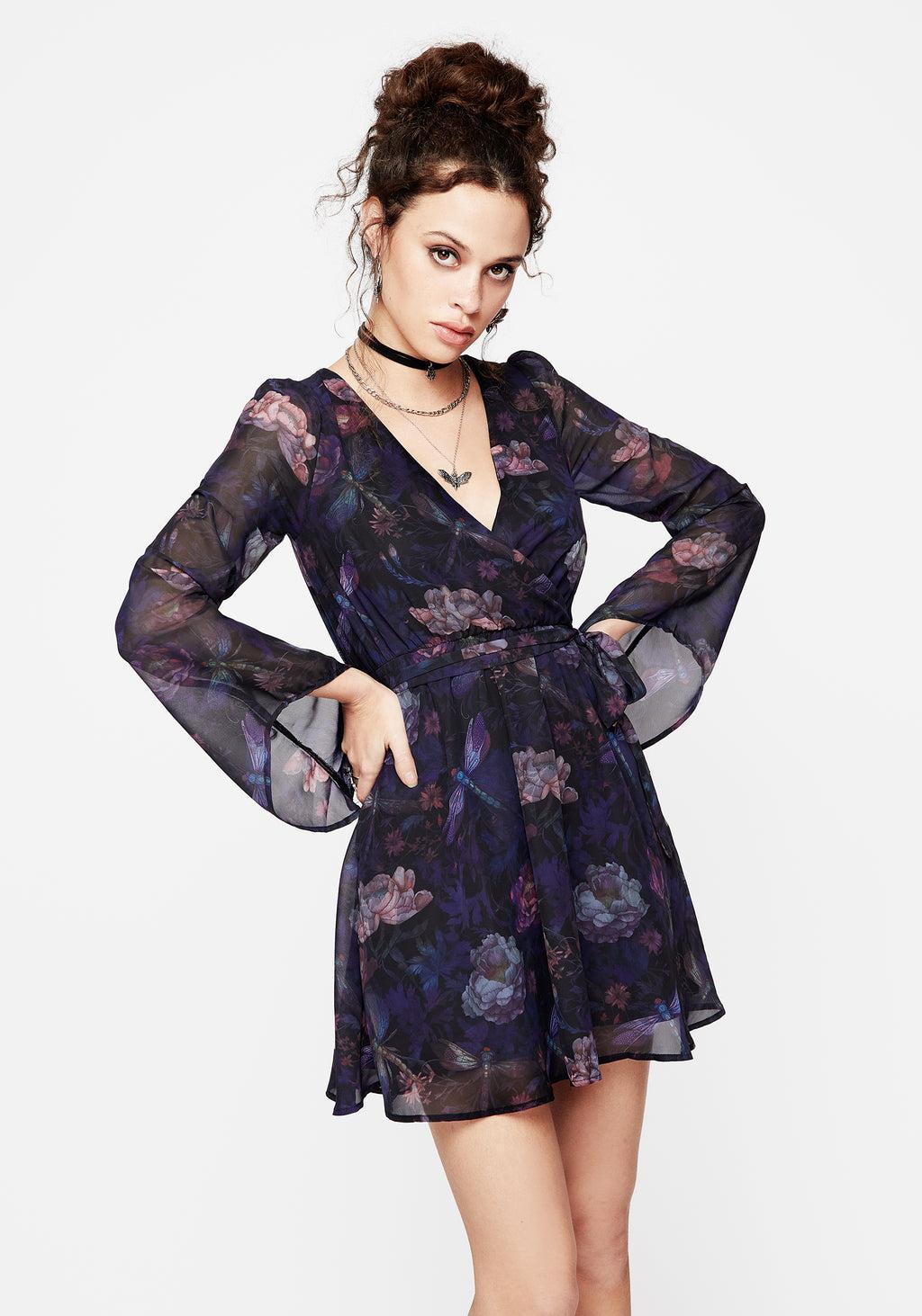 Dragonfly Floral Print Flute Sleeve Chiffon Mini Dress Product Image
