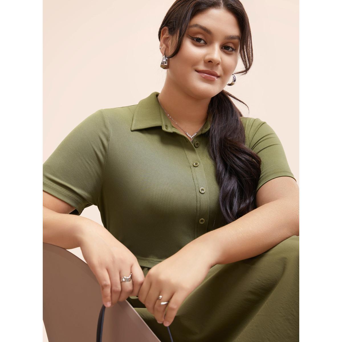 Plus Size Stretch Woven Waist-Cinching Midi Dress Olive Women Work From Home Patchwork Shirt collar Short sleeve Curvy BloomChic 26/4X Product Image