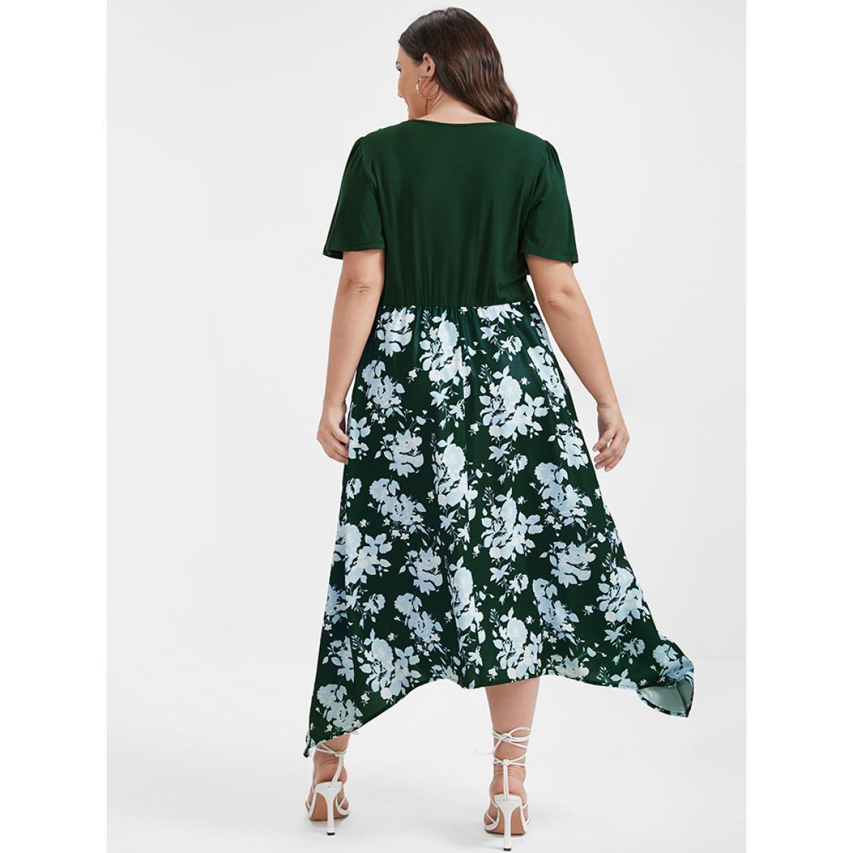 Plus Size Floral Patchwork Zipper Asymmetrical Hem Pocket Midi Dress DarkGreen Women Elegant Patchwork V-neck Short sleeve Curvy Midi Dress BloomChic 14-16/1X Product Image