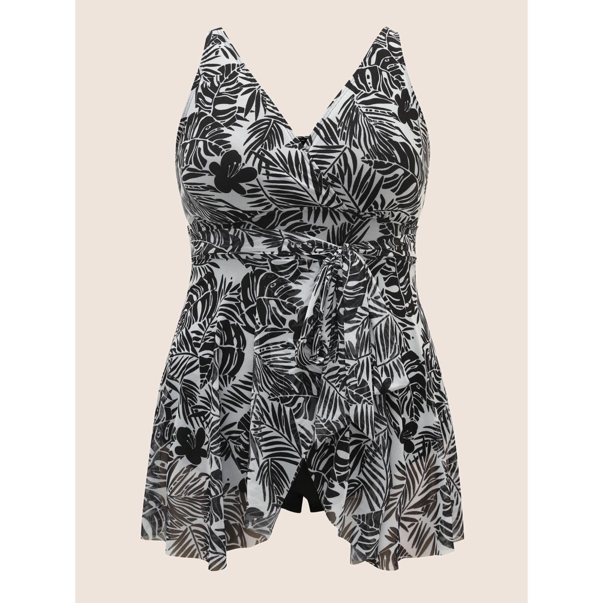 Plus Size Tropical Print Tie Knot Wrap Gathered Swim Dress Women's Swimwear Black Beach Bodycon V-neck High stretch Curve Swim Dresses BloomChic 26/4X Product Image