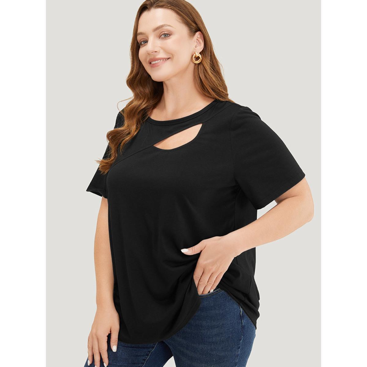Plus Size Solid Cut Out Crew Neck T-shirt Black Women Elegant Cut-Out Plain Round Neck Dailywear T-shirts BloomChic 10/M Product Image