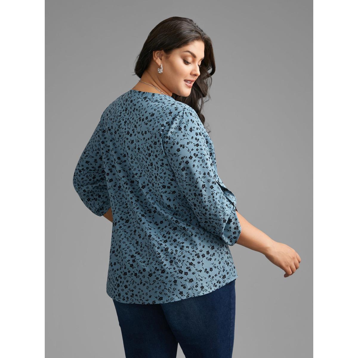 Plus Size Stone Ditsy Floral Button Cuff Sleeve Pleated Blouse Women Elegant Long Sleeve Flat collar with V-notch Everyday Blouses BloomChic 30/6X Product Image