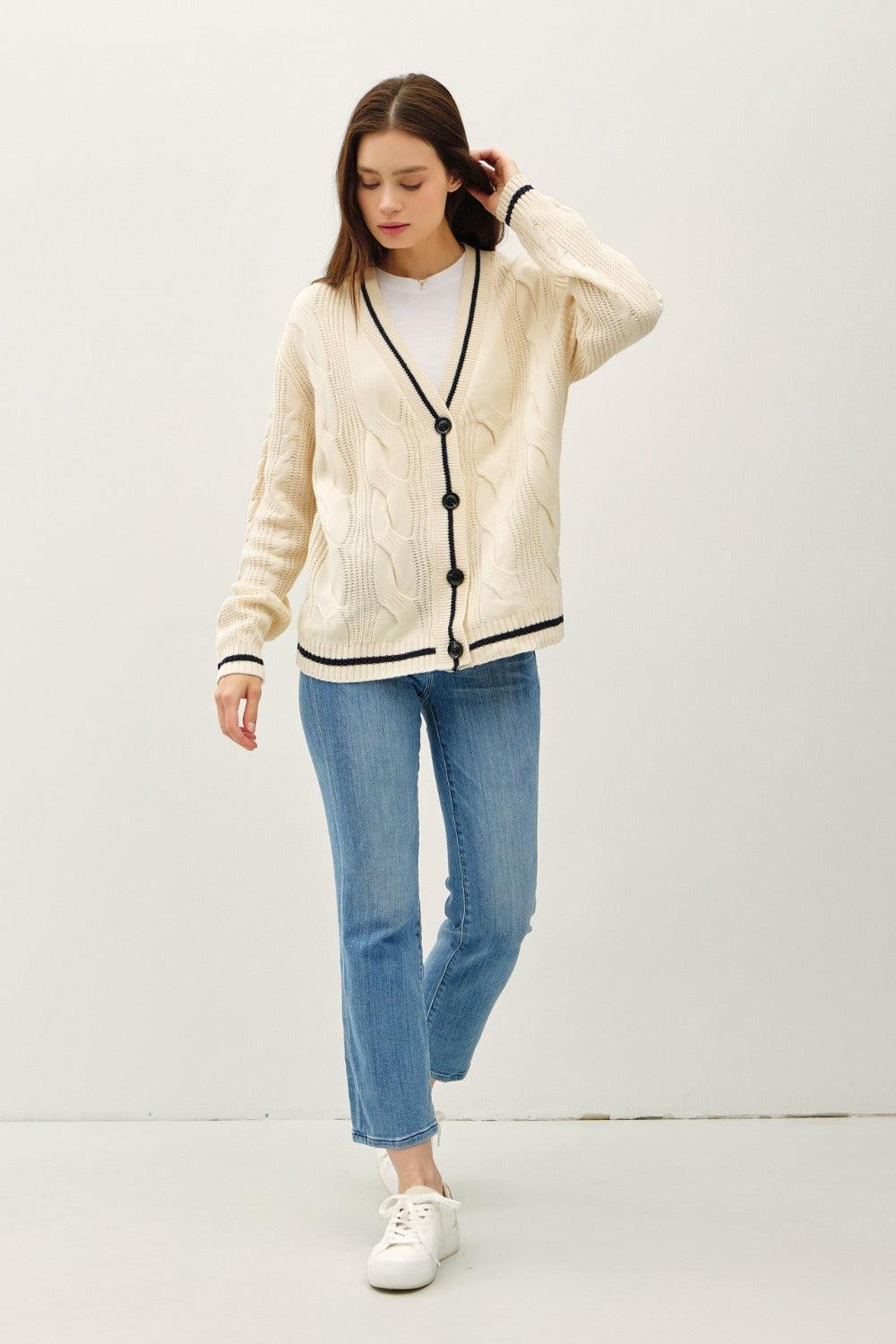 Be Cool Contrast Trim Cable-Knit V-Neck Cardigan Product Image