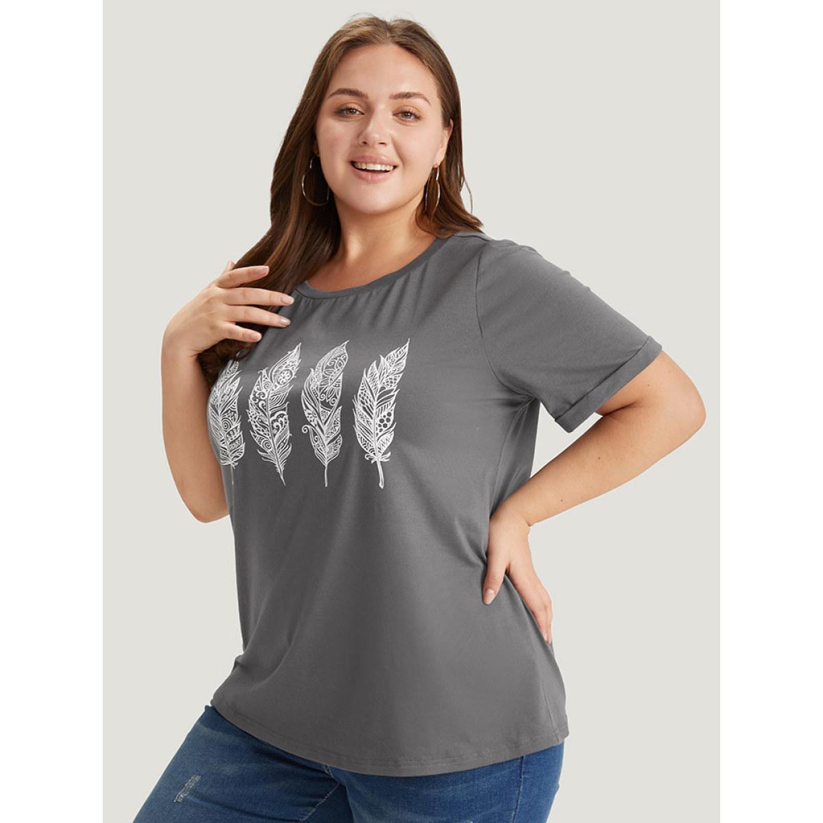 Plus Size Feather Print Roll Sleeve T-shirt DimGray Women Casual Printed Feather Dailywear T-shirts BloomChic 14-16/1X Product Image