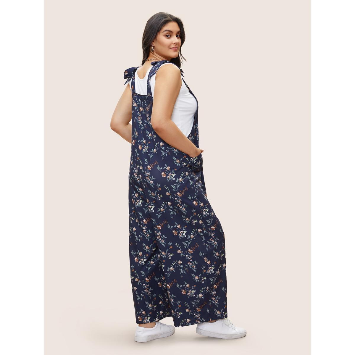 Plus Size Indigo Ditsy Floral Pleated Ties Spaghetti Strap Jumpsuit Women Casual Sleeveless Spaghetti Strap Everyday Loose Jumpsuits BloomChic 26/4X Product Image