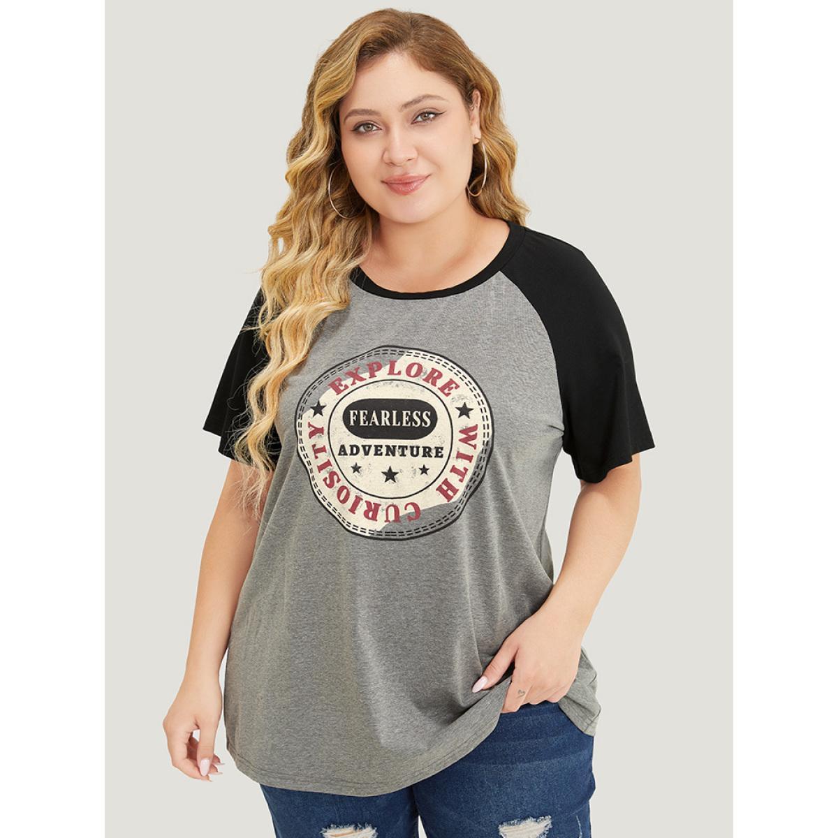 Plus Size Graphic Print Contrast Raglan Sleeve T-shirt Gray Women Casual Contrast Area Dailywear T-shirts BloomChic 30/6X Product Image